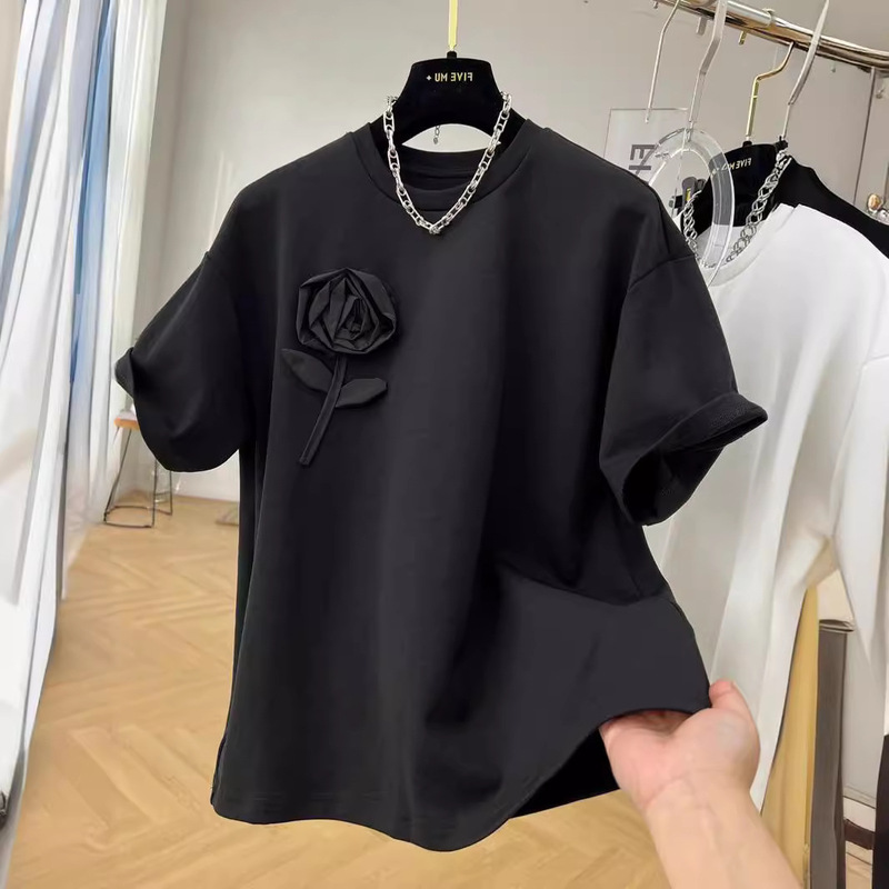 Outlets ~ genuine special heavy industry three-dimensional flower cotton heavy round neck short sleeve T-shirt women's summer new coat