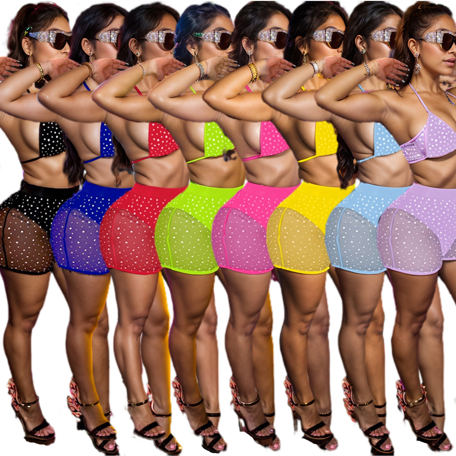 C5138 Oferta especial, no reembolsable, no intercambiable, conjunto de traje de baño de malla con lentejuelas para mujer, estilo europeo y americano, conjunto de dos piezas más 8 colores. image 5