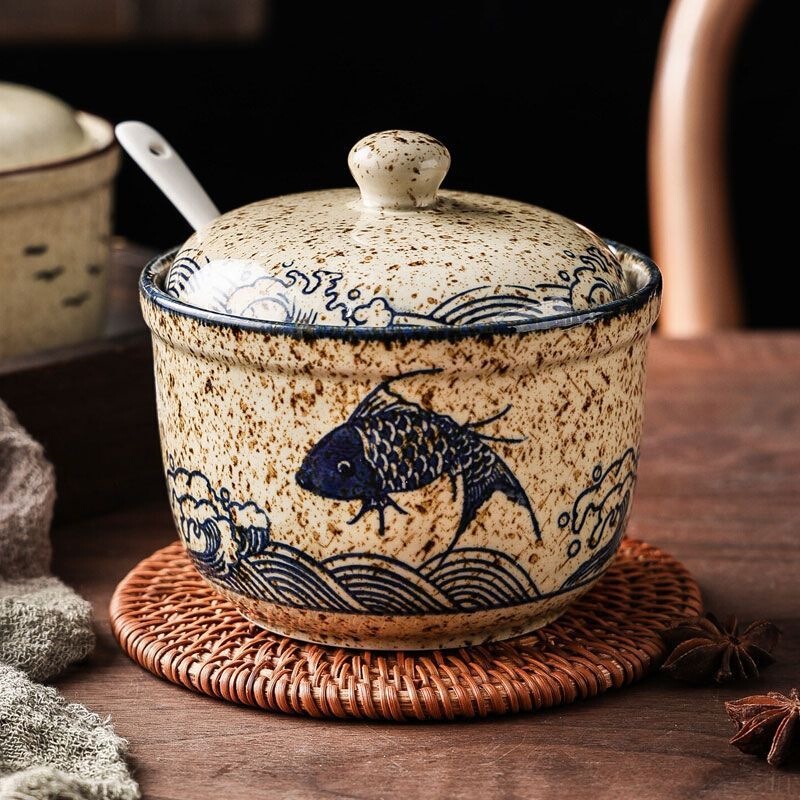 Household Ceramic Oil and Chili Jar, Lard Jar, Salt Jar, Seasoning Jar, Storage Container, Chili Oil Jar with Lid for Kitchen