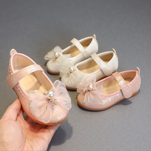 2025 Spring and Autumn Girls' Leather Shoes Bowknot Princess Flats Children's Velcro Dance Shoes Velcro Girls' Shoes