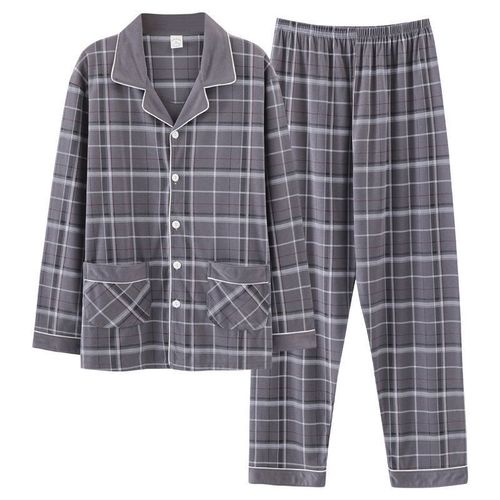 Pure Cotton Sleepwear Long Sleeve Spring and Autumn Season Men's Autumn Style Blue Middle-Aged and Young Summer Home Clothes Set