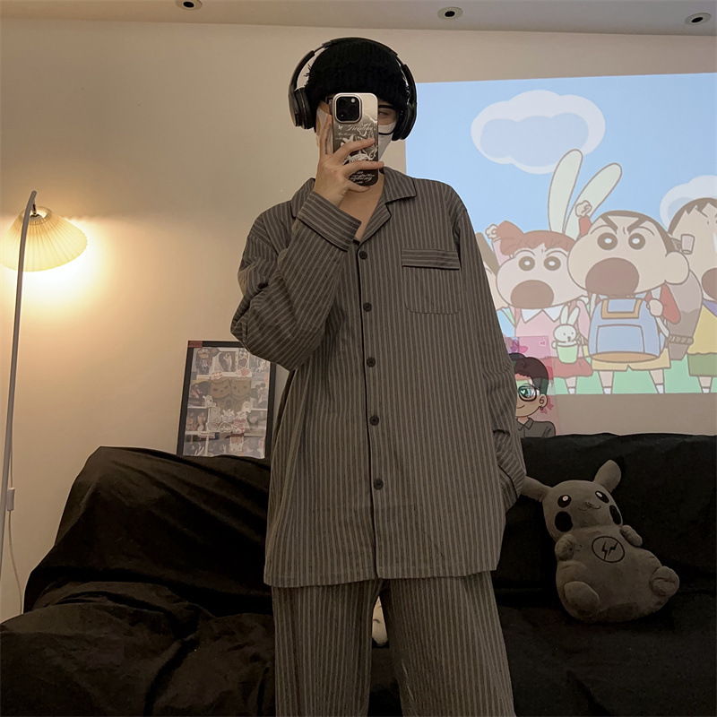 South Korea High Sense Gray Striped Pure Cotton Men's Pajamas Spring and Autumn Long Sleeve suit Teenager plus size Home Clothes