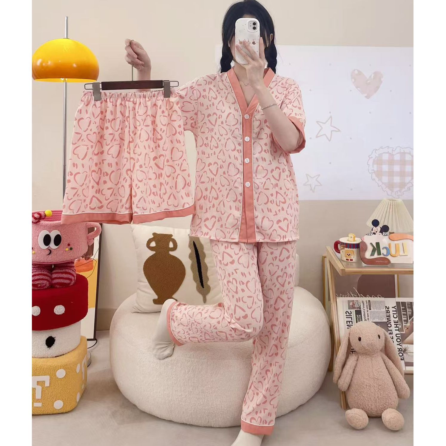Pijamas de algodón de nube de amor dulce a cuadros de dopamina para mujer verano nuevo estilo pantalones de manga corta ropa a domicilio traje de tres piezas