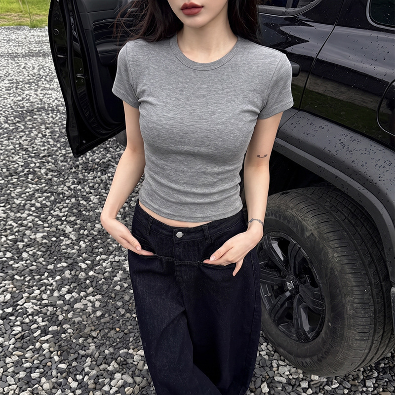 YOUYE women's clothing, 2026 summer new collection, short-sleeved T-shirt, elastic, slim-fit, short-length base layer top YOUYE women's clothing, 2026 summer new collection, short-sleeved T-shirt, elastic, slim-fit, short-length base layer top
