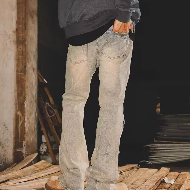 Amerikanische Micro-Pull-Jeans für Herren, bestickt, gerader Schnitt, trendige Marke, High Street, Graffiti-Trend, Retro-Freizeithose, Herren-Persönlichkeitstrend_voghion.com