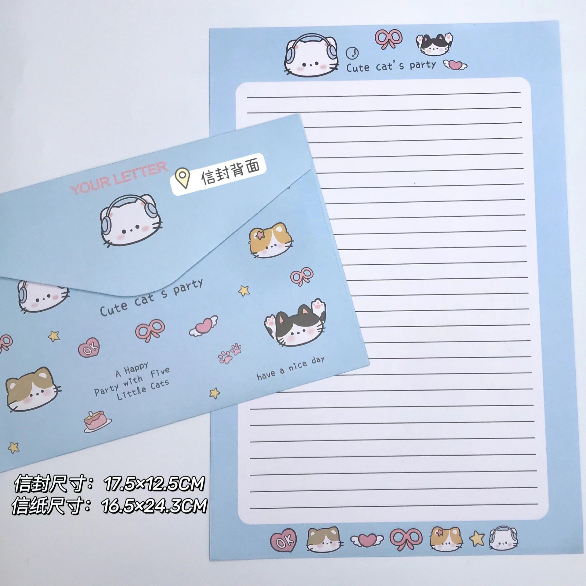 Gato fiesta sobre de papel ritual insins conjunto completo escritos a mano romántico creativo regalo de bendición premium ins viento