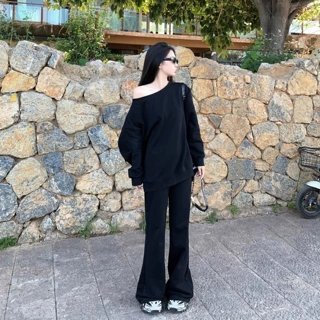 套装女无帽春秋韩系斜领慵懒风穿搭露肩长袖卫衣休闲阔腿长裤两件
