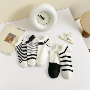 New Spring and Summer Thin Breathable Black and White Stripesd Boat Socks Preppy Style Trendy Women's Boat Socks Cotton Socks Low Cut Shallow Socks