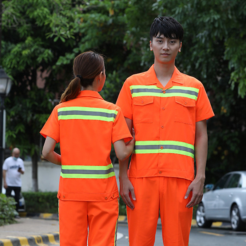 Quần yếm ngắn tay tùy chỉnh có dải phản quang màu cam quần áo vệ sinh đường bộ công trường bảo hộ lao động bán buôn quần áo bảo hộ lao động