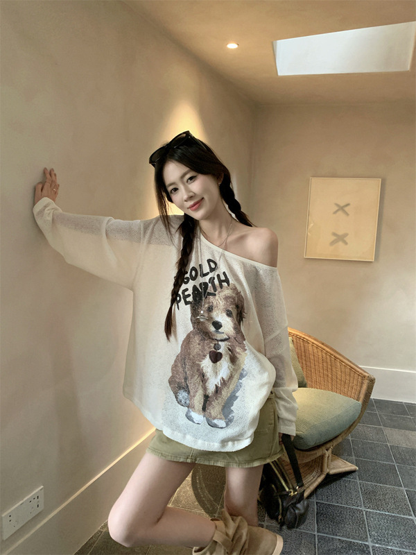 子犬プリントオフショルダー長袖Tシャツレディース夏怠惰なルーズ日焼け止めブラウスデザイン甘い薄いトップ|undefined