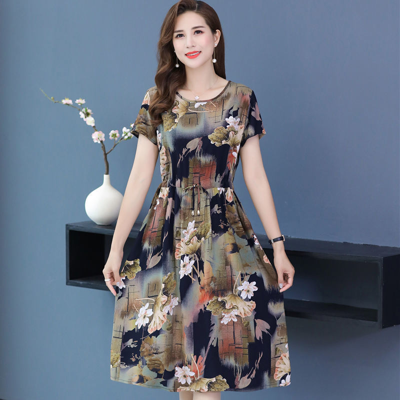 Middle-Aged Cotton Silk Dress Mid-Length Knee-Length Short-Sleeved Skirt Middle-Aged and Elderly Women's Summer Clothing 40-50-60 Years Old Mother's Clothing Middle-Aged Cotton Silk Dress Mid-Length Knee-Length Short-Sleeved Skirt Middle-Aged and Elderly Women's Summer Clothing 40-50-60 Years Old Mother's Clothing