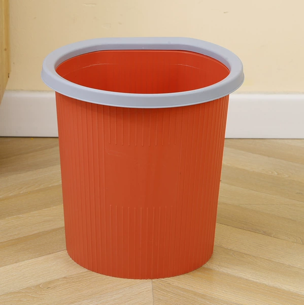Colorful striped trash can