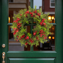 恒冲跨境尤加利红果花环挂件圣诞节装饰品仿真花松针藤圈挂饰