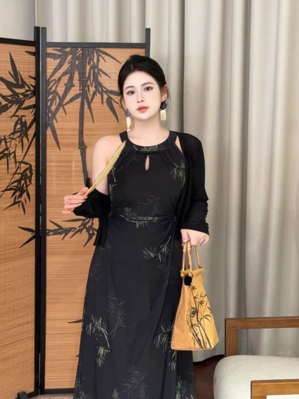 プラスサイズの新しい中国風のホルターネックチャイナドレススーツ女性のための夏のファットmmスリムカーディガン竹柄ロングスカート2点セット|undefined