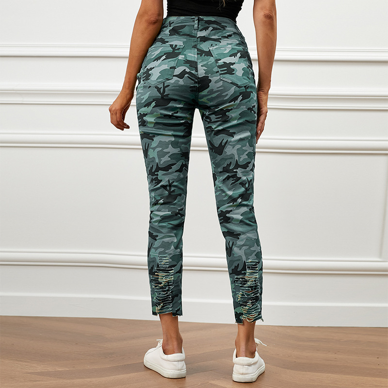 欧美新款牛仔裤亚马逊显瘦做旧修身九分小脚裤迷彩印花破洞牛仔裤