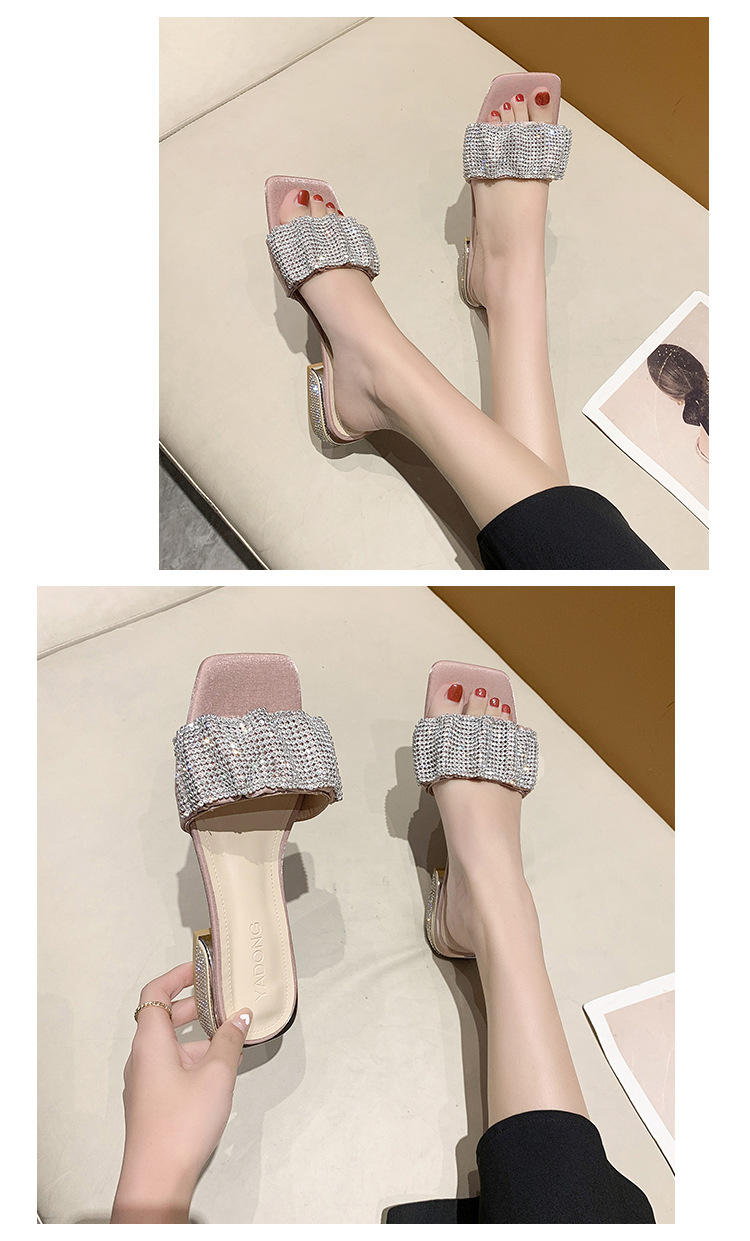 square head thick bottom rhinestone one-word slippers NSPE55983