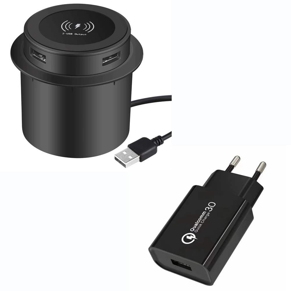 Встроенный модуль беспроводной зарядки для мебели, USB-порты, совместимо с адаптерами US/EU