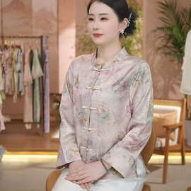 一件代发春季新款外套女长袖新中式国风立领盘扣t恤宽松显瘦上衣