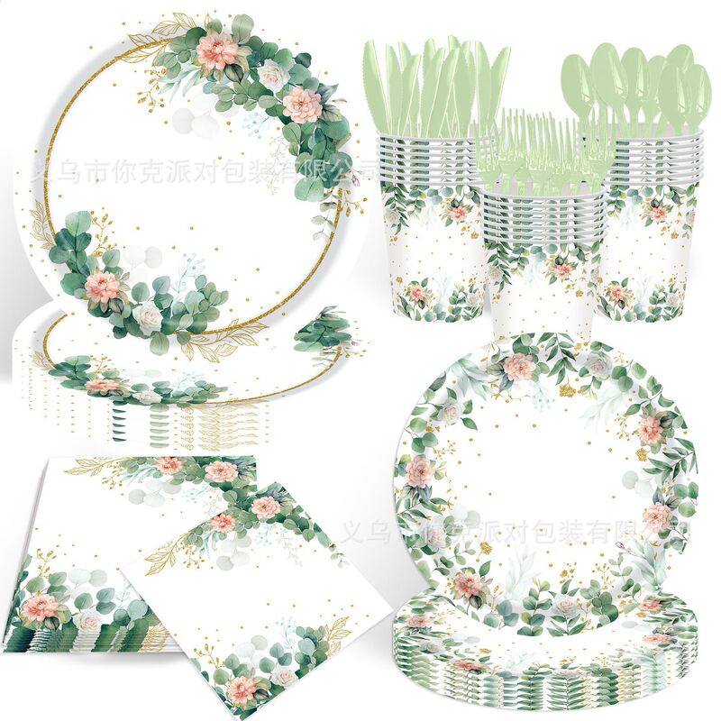 Sage Paper Plate Eucalyptus Leaf Dinner Plate Flowers Disposable Paper Cup Paper Towel Tablecloth Wedding Birthday Party Tableware