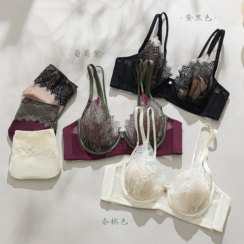 French-Style Color-Blocking Eyelash Lace Bra Set for Women, Comfortable with Soft Underwire, Large Bust Gathering Effect, Side Breast Reduction, and Side Breast Support