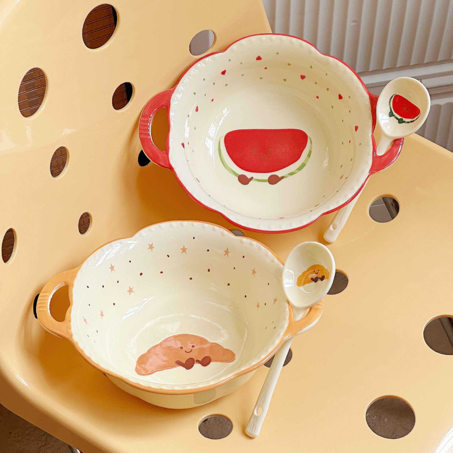 [Four-piece set] [Watermelon + Croissant] 8.5-inch large soup bowl + spoon