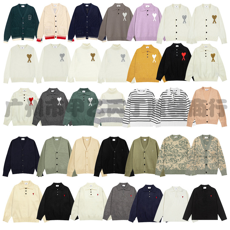 New Spring British Style Fashion Ami Sweater Cardigan V-Neck Small Logo Embroidered Heart Design Knitwear Collection Trendy