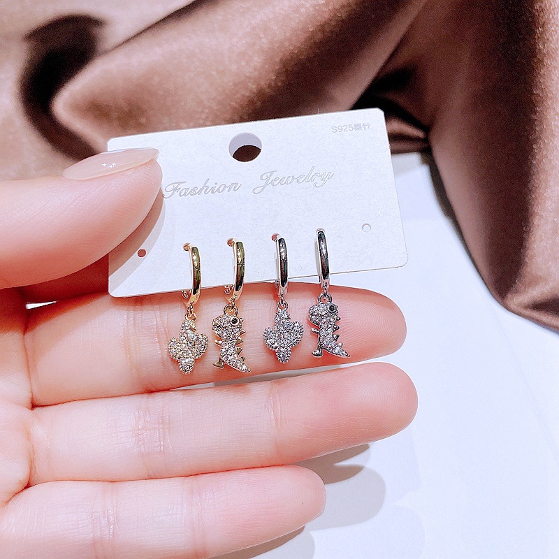 Creative Cute Asymmetric Cactus Dinosaur Zircon Inlaid Ear Clip Jewelry Wholesale