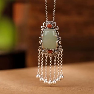 S925 sterling silver Nanhong natural Hetian jade retro personalized bell tassel pendant temperament elegant pendant long necklace