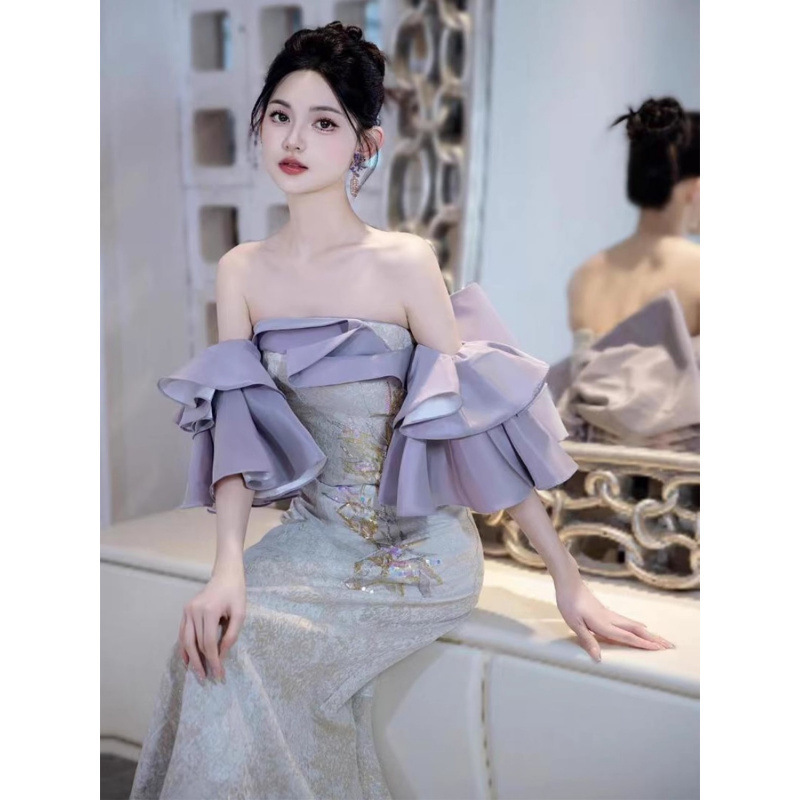 新しい中国風のドレッシングガウン女性のための 2025 新しいハイエンド紫色のチューブトップブライダル婚約ドレスデザインニッチ乾杯ドレス|undefined