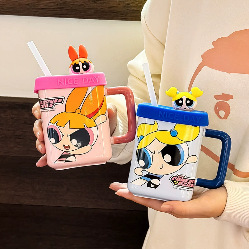 Керамическая кружка Powerpuff Girls 450 мл с крышкой и трубочкой, удобная ручка — подарок