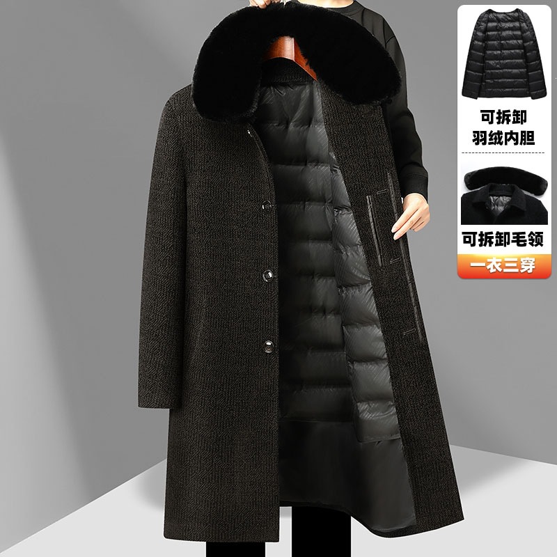 Long woolen coat for middle-aged and elderly men, winter style, 2026, with detachable down lining, fashionable and versatile outerwear.