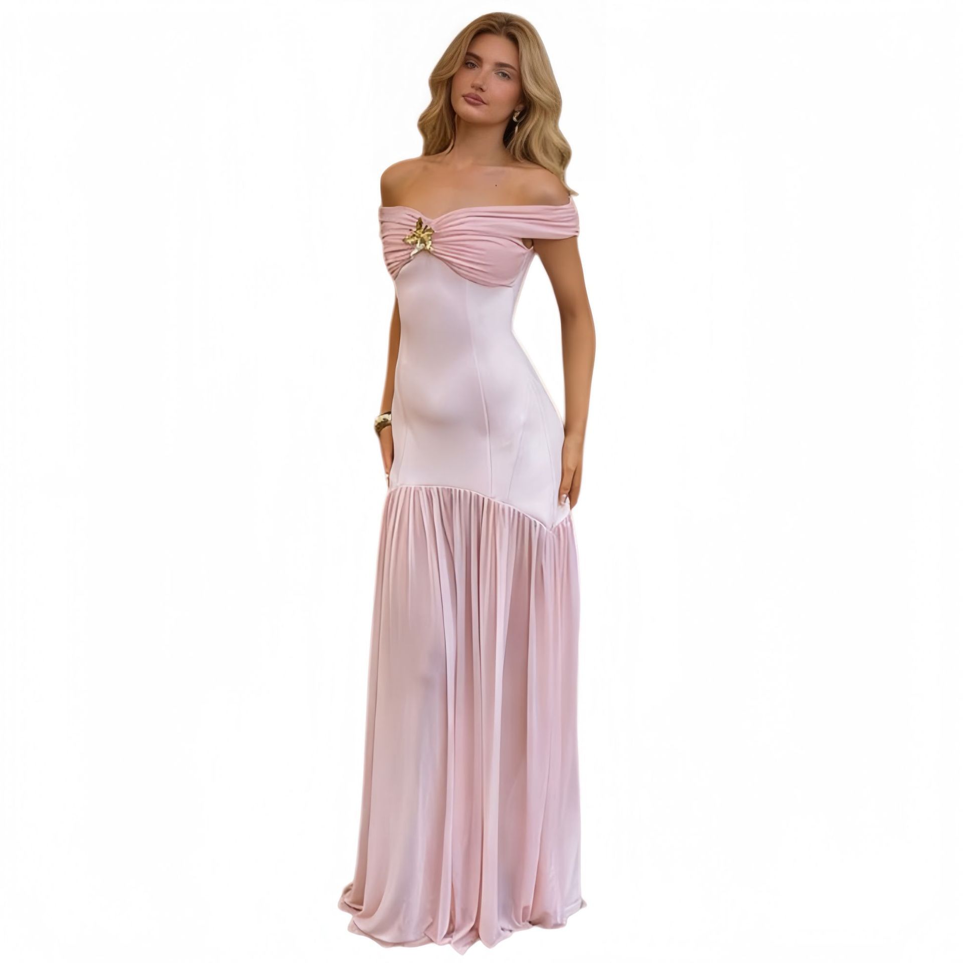 Women's Elegant Off Shoulder Backless Mesh Panel Flowy Maxi Dress – Sexy Summer Gown 2026_ecoleips.com