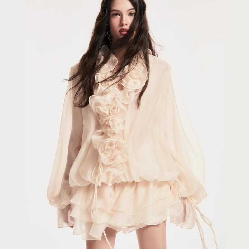 Vietnamese Niche Design Sweet 2025 Spring New Style Radiant Rose Off-White Ruffled Slim Dress