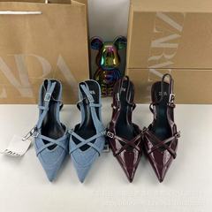 ZAR春の新商品の女性靴の青いデニムのハイヒールの露とミュラーの靴の英倫の交差するサンダルの女性の靴