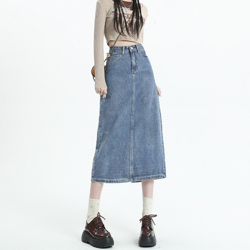Women's High-Waist Vintage Opening A-Line Semi-Long Denim Skirt for Spring and Summer