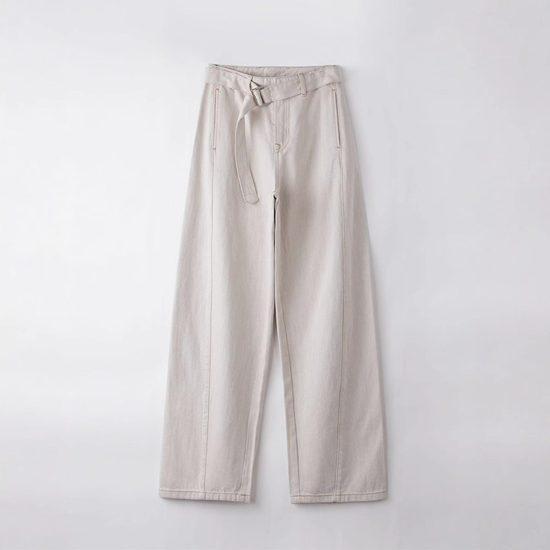 European and American Niche Minimalist 2025 Spring New Twisted Stitched Lace-Up Pants High Waist Jeans Women's Casual Straight Wide-Leg Pants