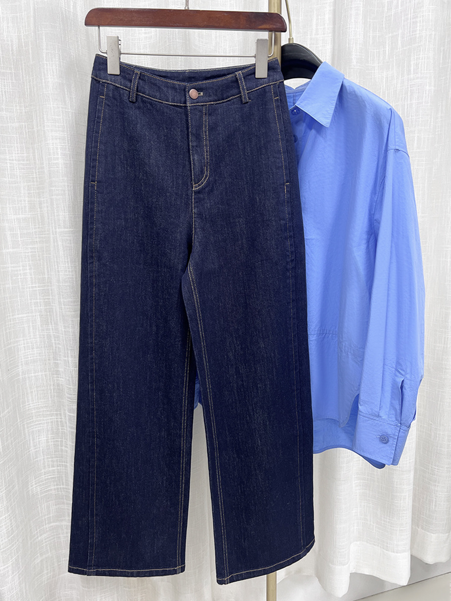 Quần jean ống rộng nữ eo cao denim đường chỉ tương phản — màu denim