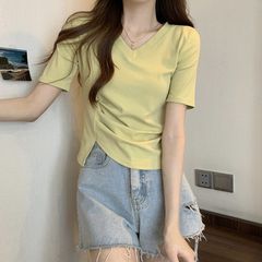 棉不规则领上衣女夏季洋气显瘦小心机设计感褶皱正肩短袖恤女