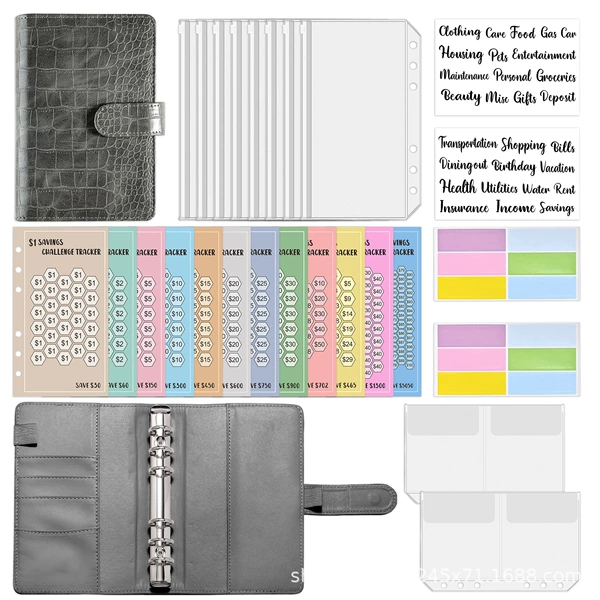 A6 Save Money Challenge-Crocodile pattern-gray (zipper 8+ USD card 12+double pocket 2+6 stickers 2+B English stickers 2)