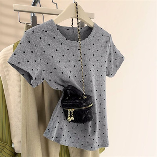 Gray Polka Dot Right Shoulder Short-Sleeved Shirt for Women Summer New Design Small Slim Slim Round Neck Top Trendy