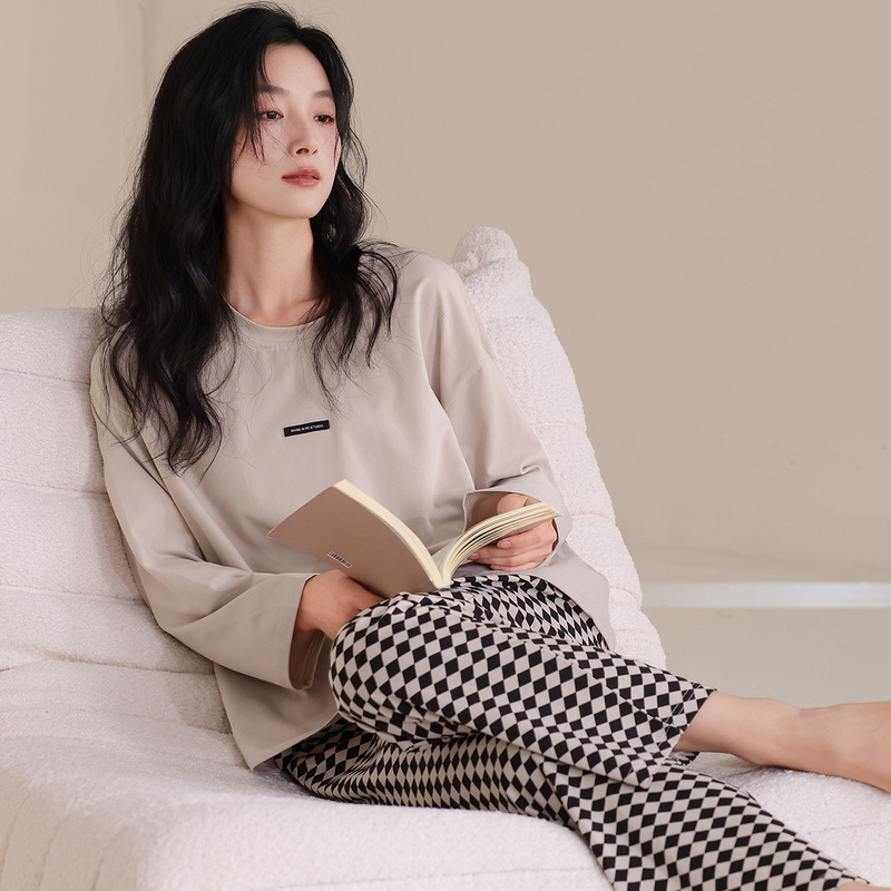 睡衣女长袖长裤纯棉薄款女士春秋季全棉家居服两件套装吸汗休闲风|undefined