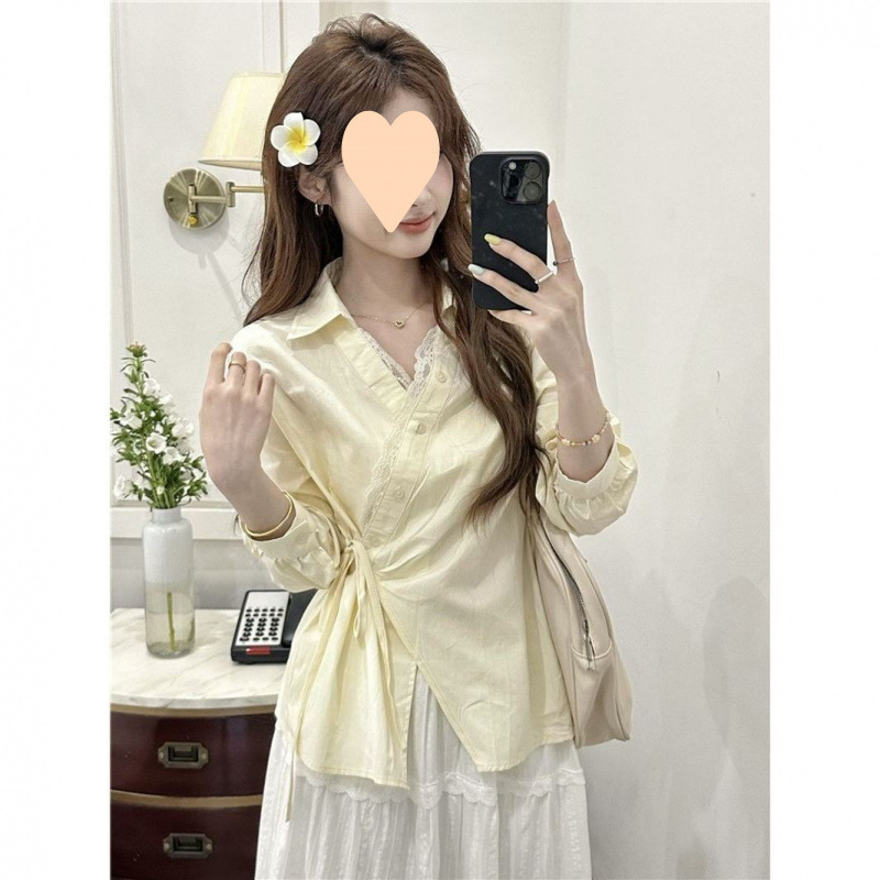 Irregular Design Lace-Trimmed Tie-Neck Blouse for Women 2025 Korean Style Unique and Youthful Top