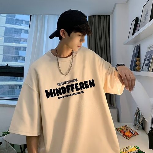 Men's Youth Trendy Letter Summer 5-Button Sleeve Casual T-Shirt Cool Instagram Fashion Brand Round Neck