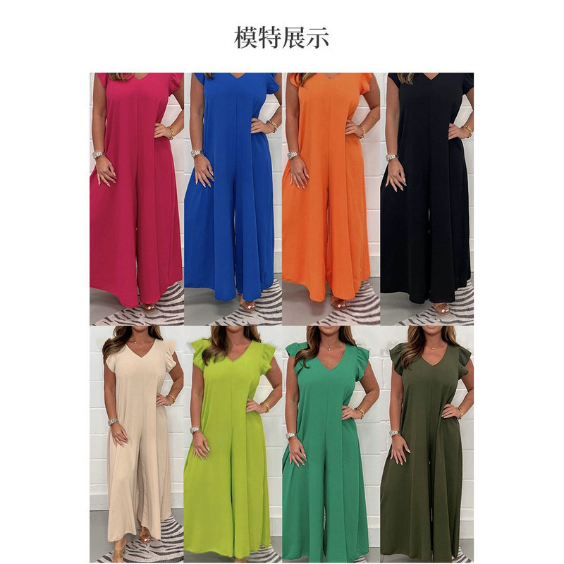 2023 verano nuevo Amazon Europa y América de las mujeres sueltas pantalones con volantes color sólido pierna ancha mono