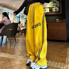 2025秋新款字母刺绣高腰显瘦窄版阔腿弯刀裤女时尚宽松休闲运动裤