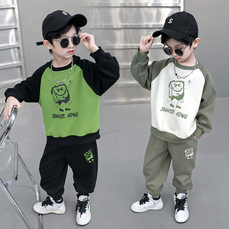 Cartoon Color Block 2023 Spring and Autumn New Children's Sports Sweater Two piece Set for Boys' Fashionable_voghion.com