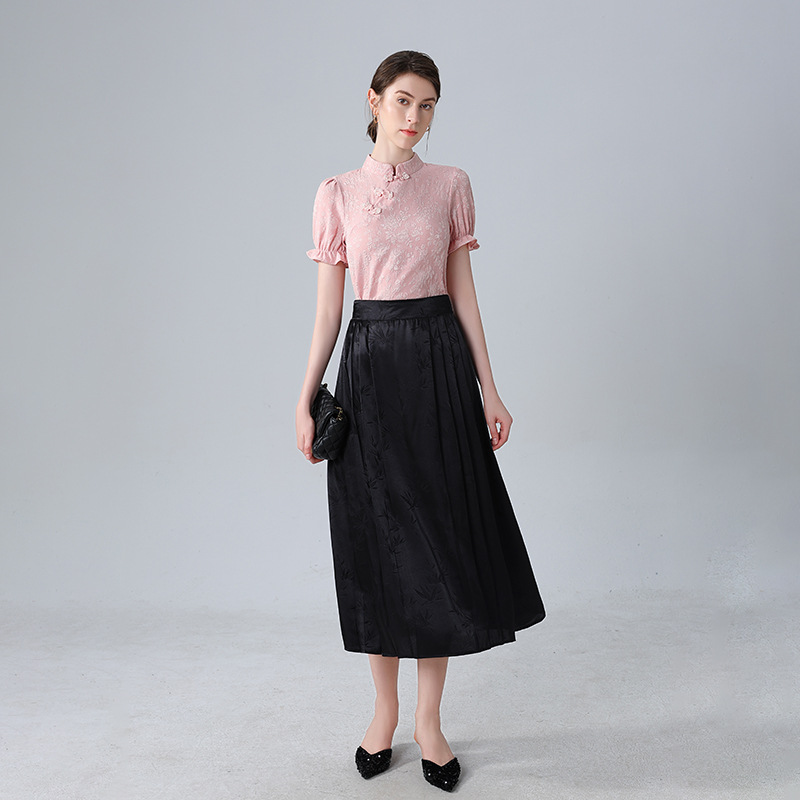 Guofeng trajes de mujeres 2024 nuevo verano de manga corta vintage blusa de botón de moda camisa de aire extranjero falda de dos piezas