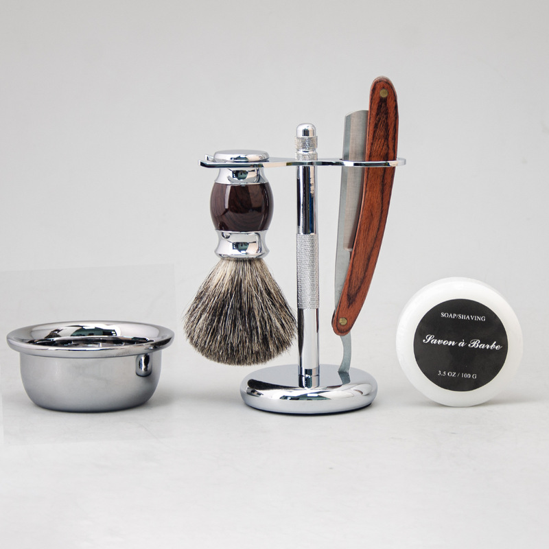 Men's Straight Razor Set with Straight Razor, Badger Hair Shaving Brush, Soap Bowl, Stand, Five-Piece Shaving Kit, Vintage Wet Shave