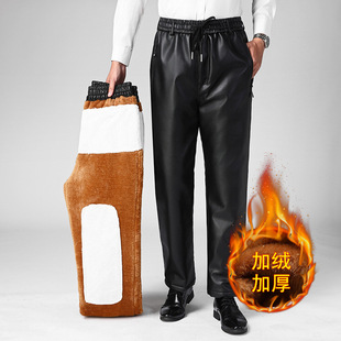 fleece-lined Cold-proof Leather Pants Men's Express Take-out Cycling Pants Windproof Warm-keeping Elathe Straight Men's Leather Pants Winter Pants
