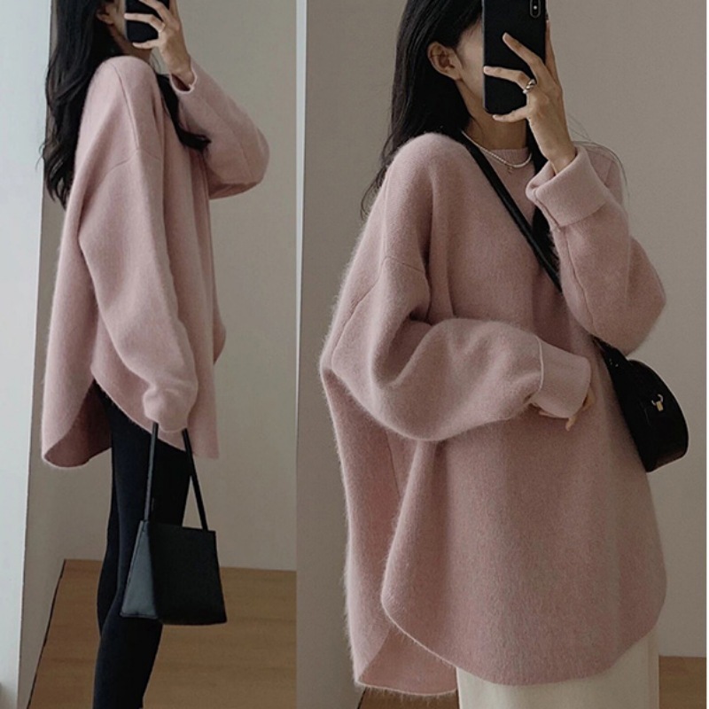 日韓の新型の怠惰な風のシンプルなレトロなニットのセーターの女性の秋冬の外は中の長いタイプのオープンフォークの百合の上着を着ます。|undefined